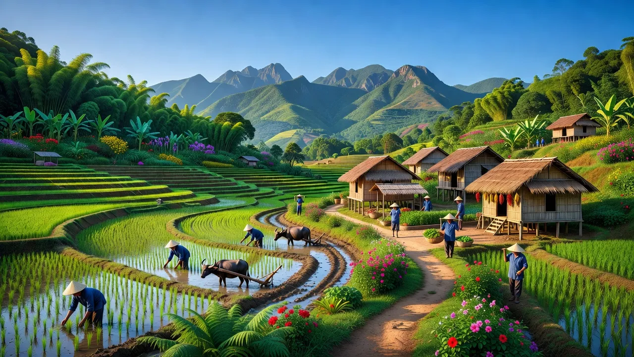 Cảnh đẹp huyện Sơn Hà, Quảng Ngãi với núi non, cây cối xanh tươi và hoạt động nông nghiệp.