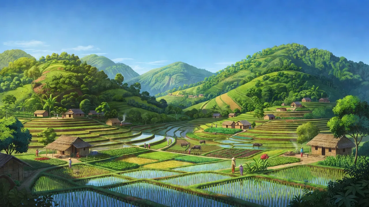 Khung cảnh huyện Sơn Hà, Quảng Ngãi với đồi núi xanh và các làng quê thanh bình.