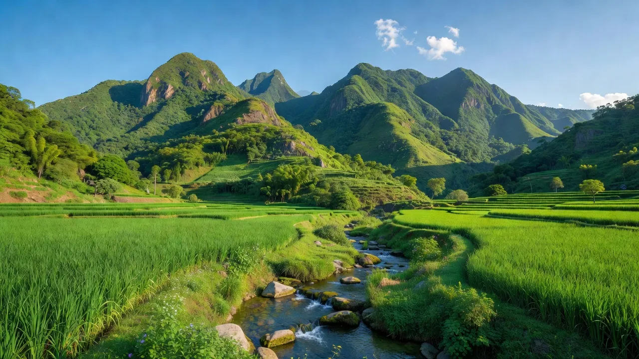 Cảnh đẹp huyện Sơn Tây, Quảng Ngãi với núi non, cánh đồng và dòng suối chảy.