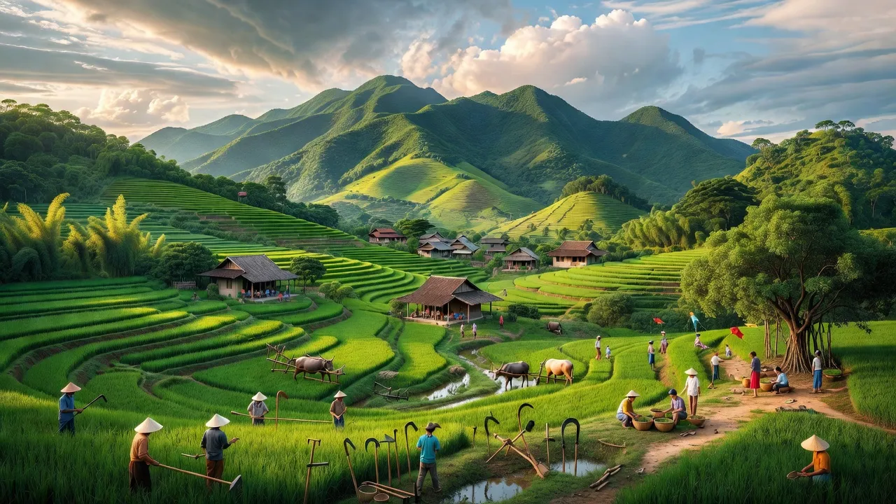 Khung cảnh huyện Sơn Tây, Quảng Ngãi với núi xanh, nhà truyền thống và hoạt động cộng đồng.