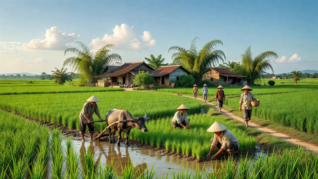 Cảnh đẹp Huyện Sơn Tịnh, Quảng Ngãi với cánh đồng xanh và cuộc sống nông thôn địa phương.