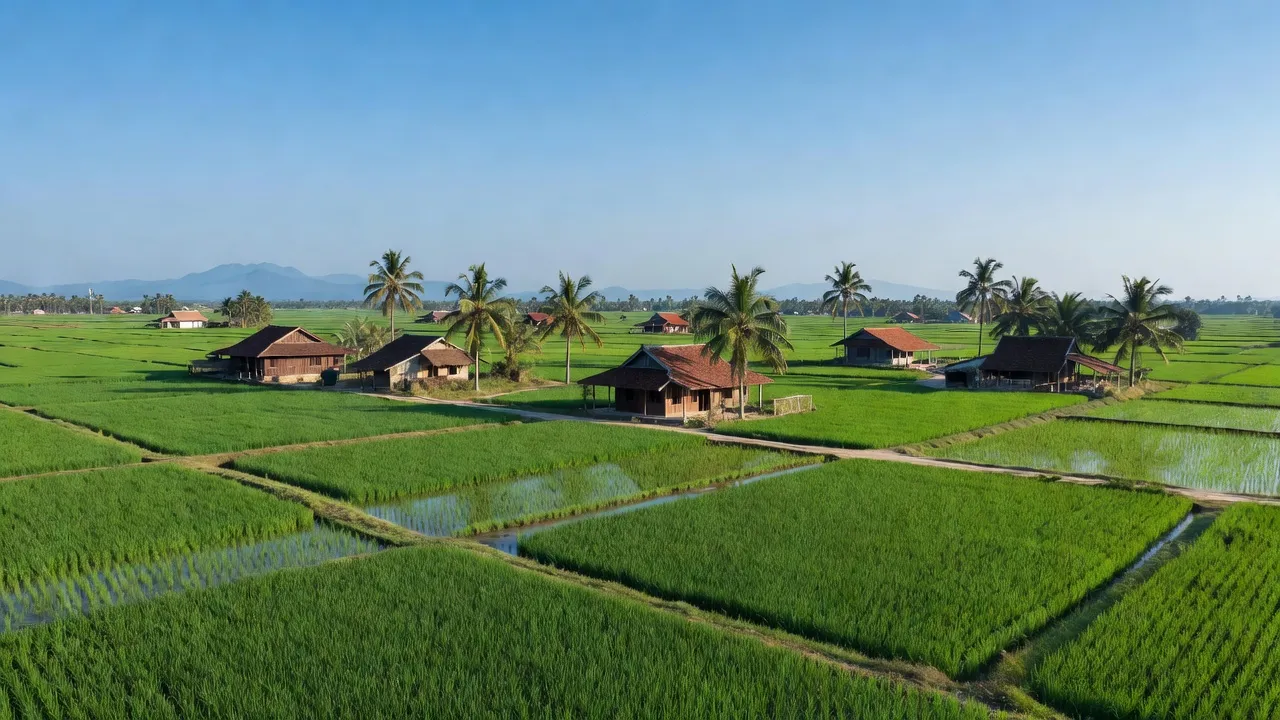 Quang cảnh huyện Sơn Tịnh, Quảng Ngãi với đồng ruộng xanh tươi và làng quê truyền thống.