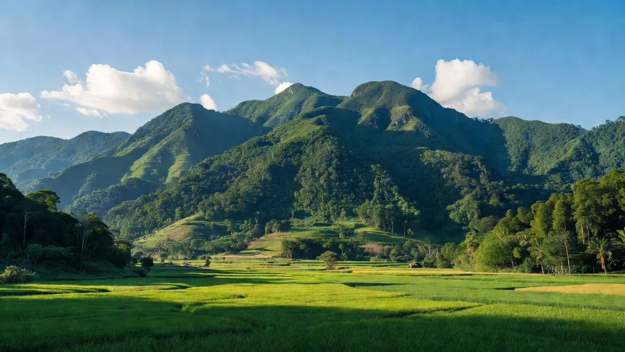 Huyện Trà Bồng, Quảng Ngãi với phong cảnh núi rừng hùng vĩ và bầu trời trong xanh.
