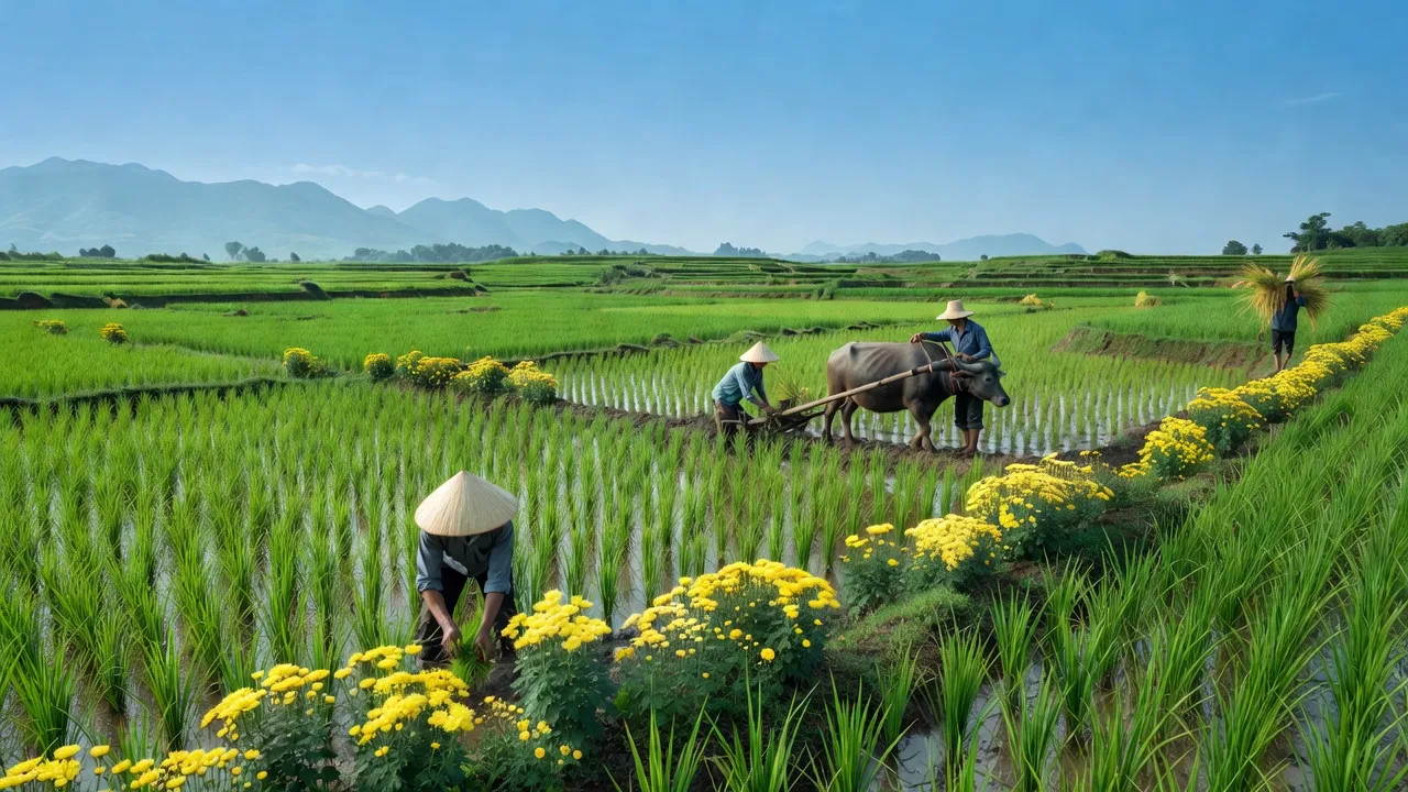 Cảnh đẹp huyện Tư Nghĩa Quảng Ngãi với cánh đồng xanh và hoa cúc vàng rực rỡ.