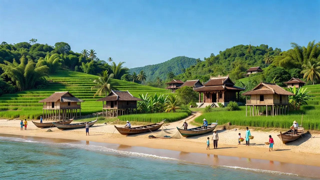 Khung cảnh tỉnh Quảng Ngãi với bãi biển, cây xanh và truyền thống văn hóa Việt Nam, Quang Ngai province landscape.