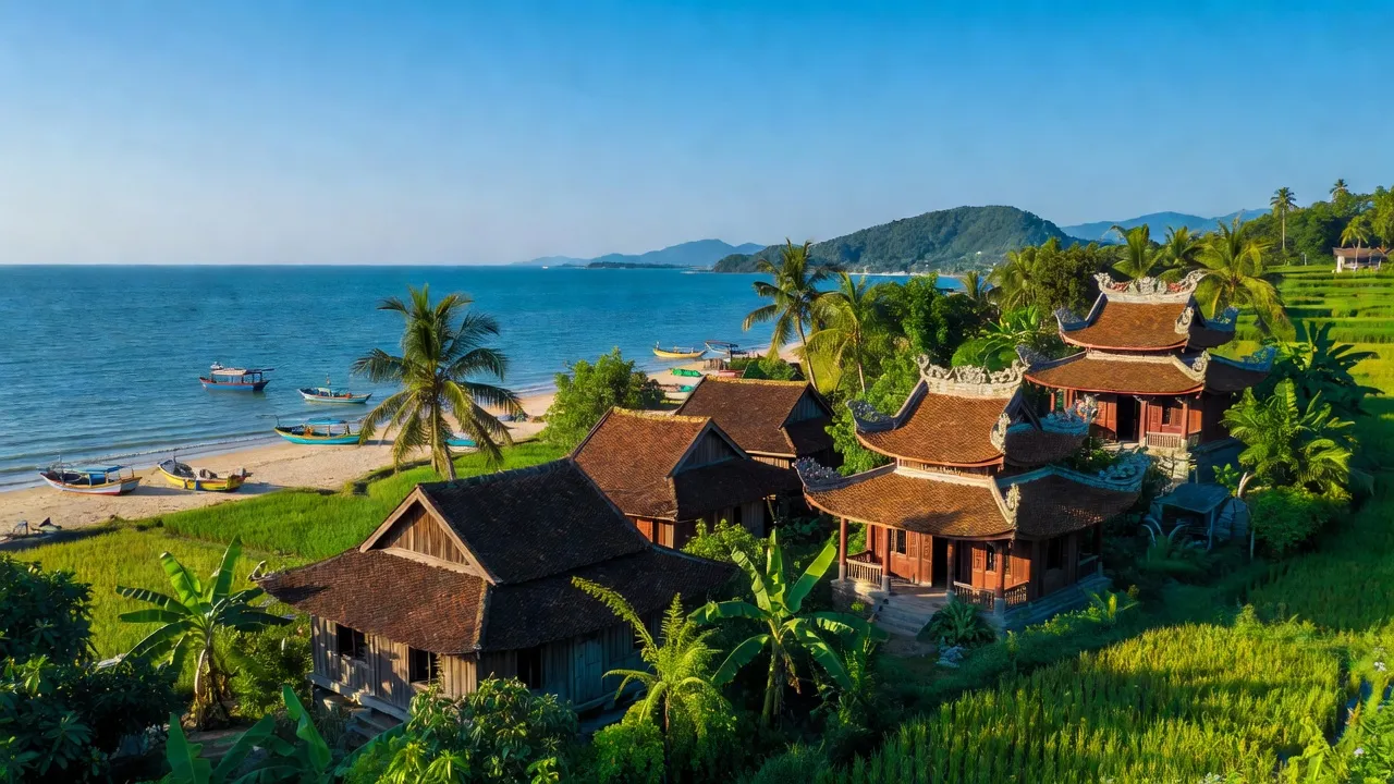 Khung cảnh ven biển tỉnh Quảng Ngãi, kiến trúc truyền thống và thiên nhiên xanh tươi, Vietnam coastal landscape.