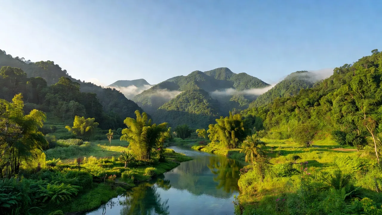 Khung cảnh tĩnh lặng huyện Ba Chẽ, Quảng Ninh với núi xanh và sông uốn khúc.