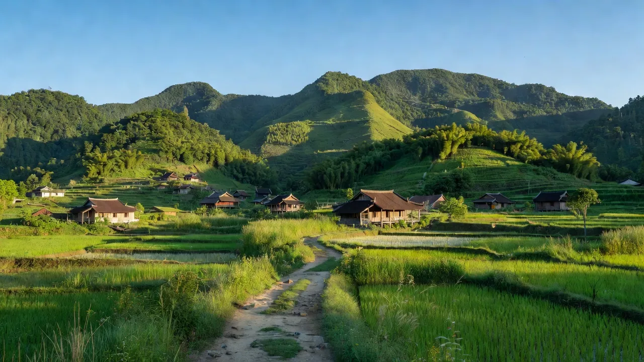 Cảnh quan xã Lương Minh, huyện Ba Chẽ, tỉnh Quảng Ninh với núi rừng xanh tươi và nhà truyền thống.