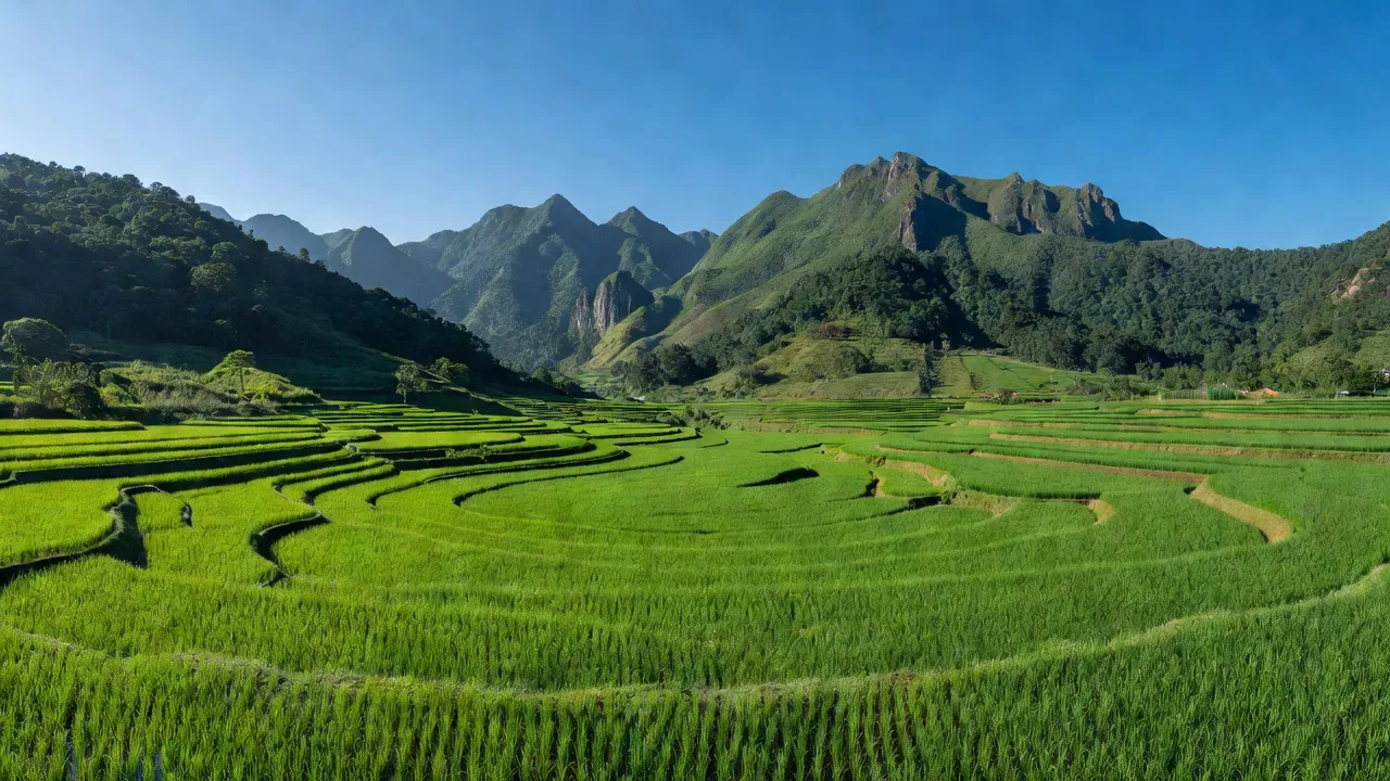 Cảnh thiên nhiên xã Lương Minh, huyện Ba Chẽ, tỉnh Quảng Ninh với núi non và cánh đồng xanh.