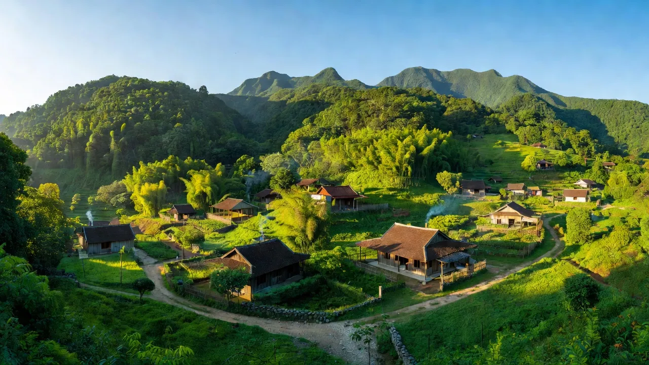 Cảnh quan núi xanh tươi và nhà truyền thống tại xã Nam Sơn, huyện Ba Chẽ, tỉnh Quảng Ninh.