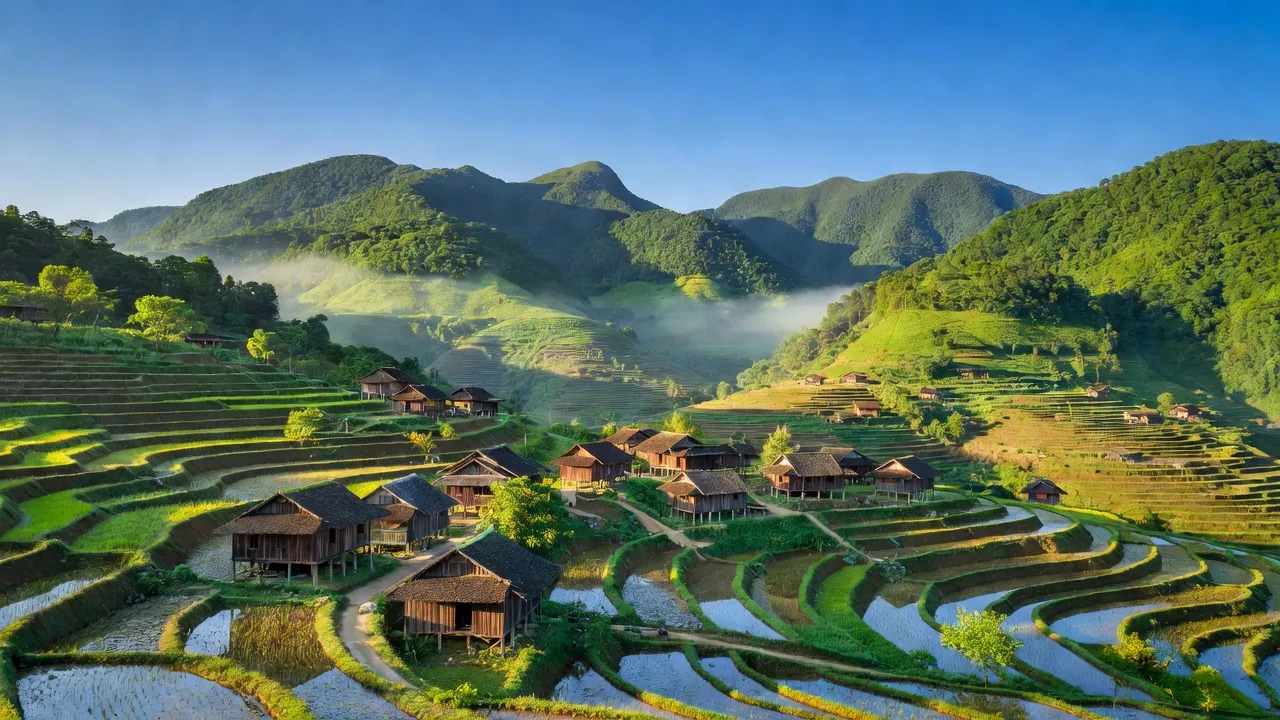 Khung cảnh xóm làng Nam Sơn, huyện Ba Chẽ, Quảng Ninh với núi rừng xanh tươi và nhà truyền thống.