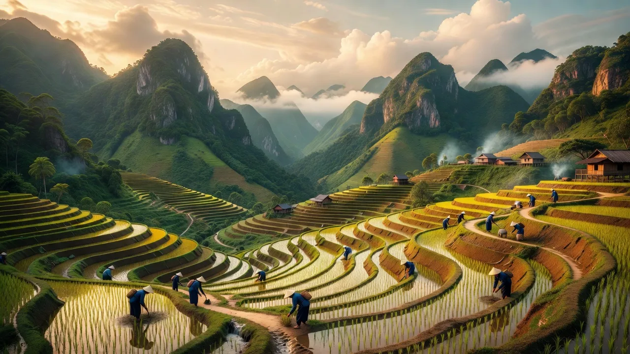 Cảnh núi non huyện Bình Liêu, Quảng Ninh với thung lũng, ruộng bậc thang và người dân địa phương.