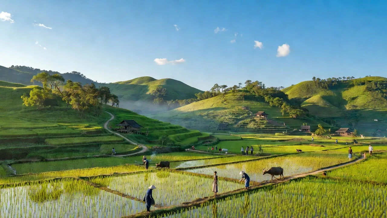 Cảnh đẹp xã Lục Hồn, huyện Bình Liêu, Quảng Ninh với núi non và cánh đồng xanh.