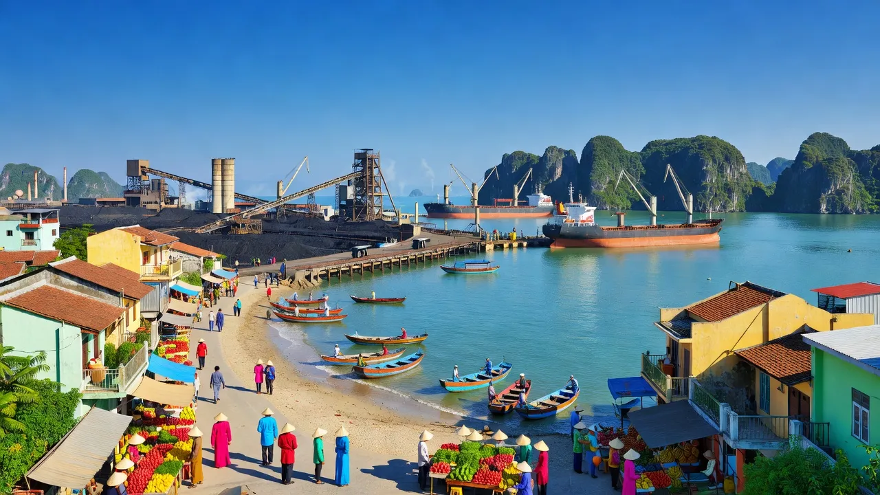 Bức tranh đầy sắc màu về thành phố Cẩm Phả, Quảng Ninh, với bầu trời trong xanh và cảnh biển.