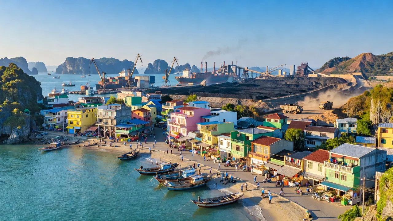 Khung cảnh thành phố Cẩm Phả, Quảng Ninh với cảng biển và khu công nghiệp, trời trong xanh.