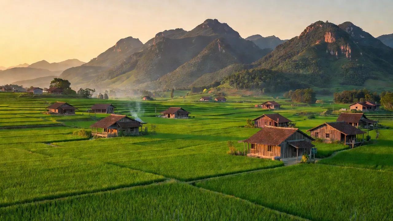 Cảnh sắc nông thôn Xã Dương Huy, Cẩm Phả, Quảng Ninh với cánh đồng, núi và nhà dân.