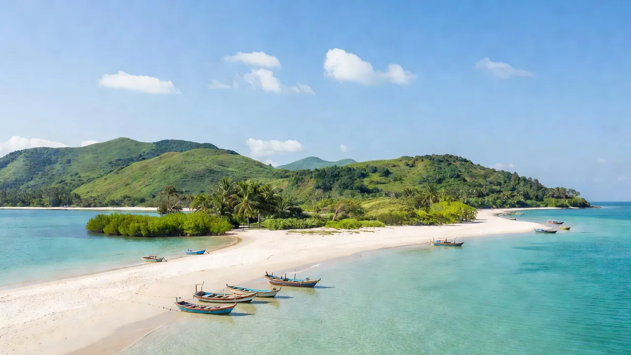 Khung cảnh yên bình huyện Cô Tô, Quảng Ninh với bãi biển và thuyền đánh cá nhỏ.