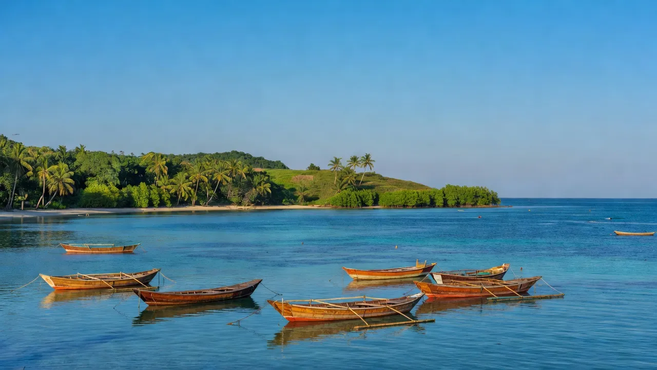 Khung cảnh yên bình xã Đồng Tiến, huyện Cô Tô, với biển cả và thuyền đánh cá, Quảng Ninh.