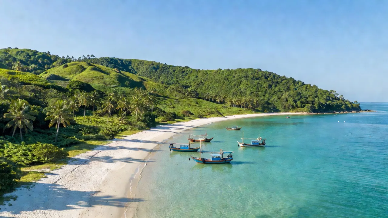 Cảnh biển thanh bình tại Xã Thanh Lân, huyện Cô Tô, với bãi cát và thuyền đánh cá.