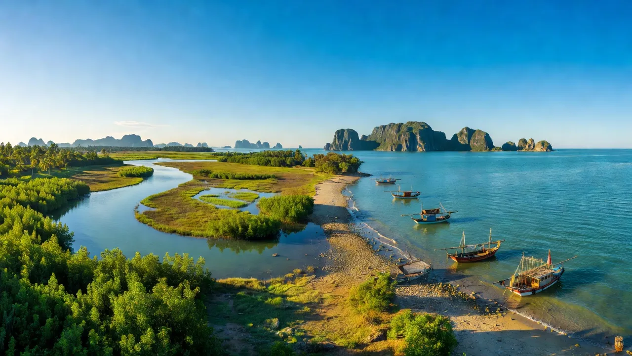Khung cảnh huyện Đầm Hà, tỉnh Quảng Ninh với bờ biển, sông nước và trời trong xanh.