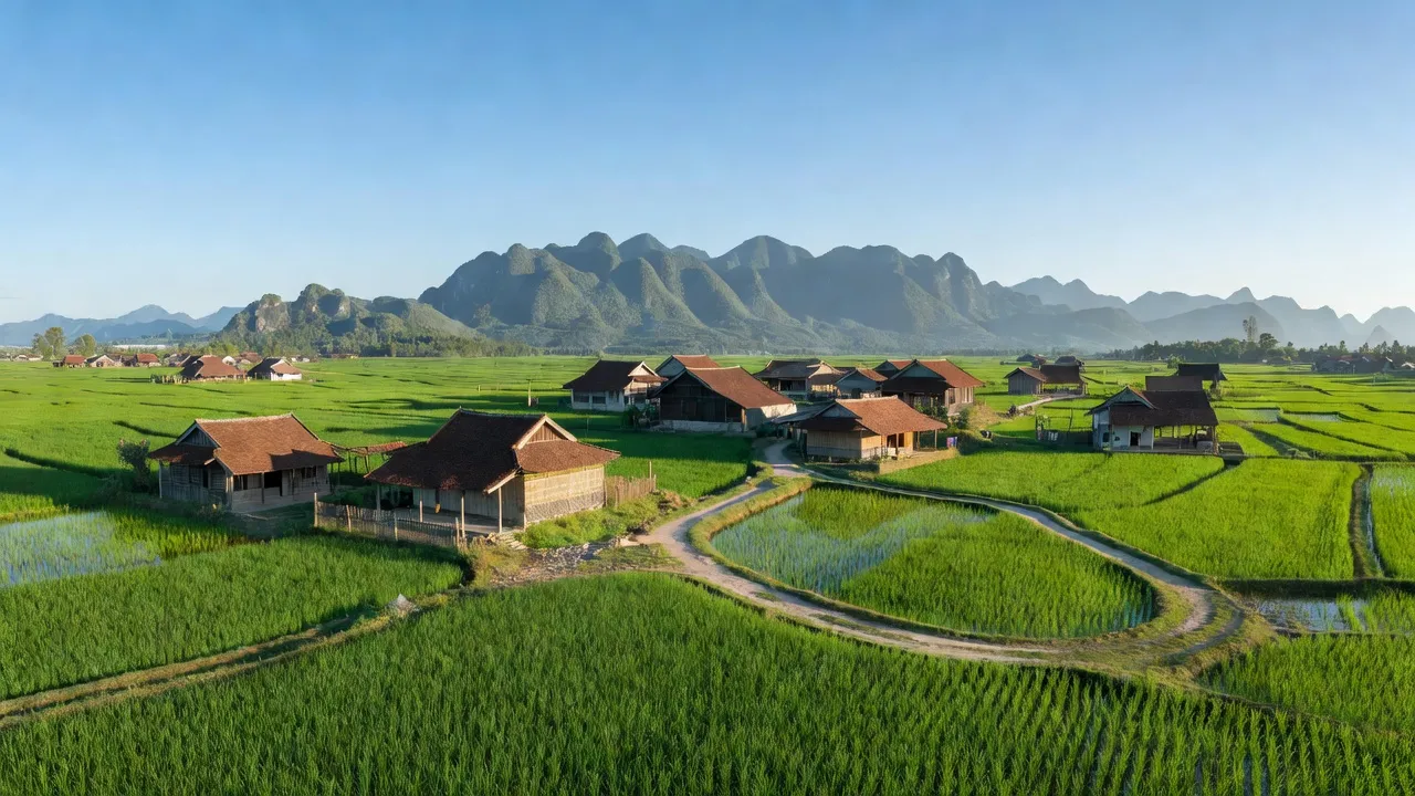 Cảnh đẹp Xã Đại Bình, huyện Đầm Hà, tỉnh Quảng Ninh với cánh đồng xanh và nhà truyền thống.