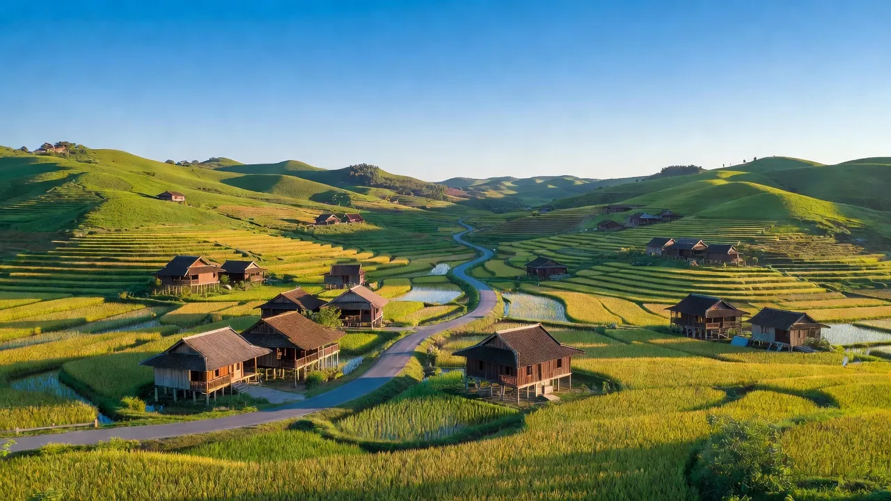 Khung cảnh Thành phố Đông Triều, Quảng Ninh với đồng lúa và nhà truyền thống, biểu tượng phát triển.