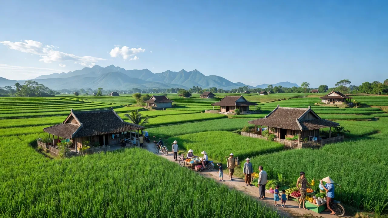 Cảnh quan Xã An Sinh, Đông Triều, Quảng Ninh với nhà truyền thống và cánh đồng xanh.