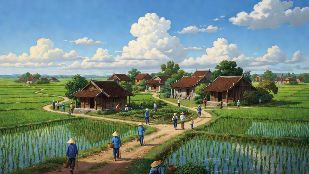 Phong cảnh Xã An Sinh, Đông Triều, Quảng Ninh với cánh đồng xanh và không khí yên bình.