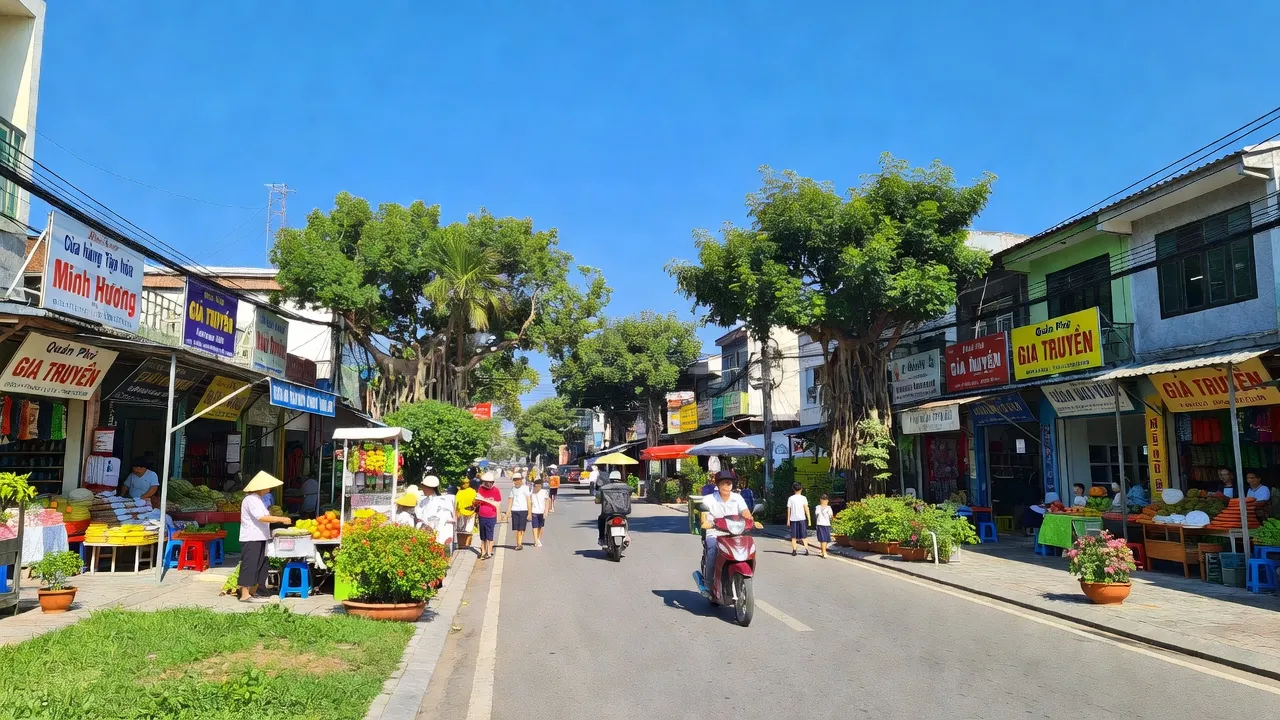 Phường Mạo Khê, Thành phố Đông Triều, Tỉnh Quảng Ninh, cảnh phố với người dân và cửa hàng.