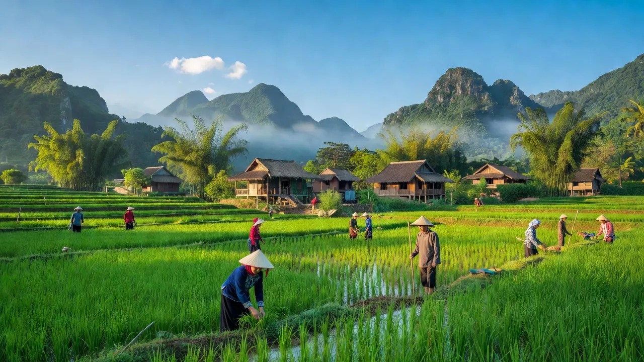 Cảnh làng Tràng Lương, Đông Triều, Quảng Ninh với ruộng xanh và núi non trồng trọt.
