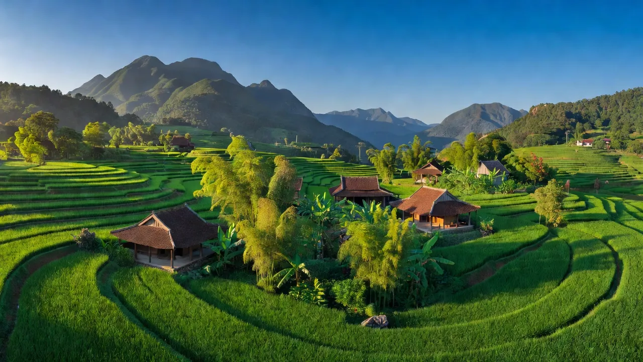 Khung cảnh serene ở xã Tràng Lương, Đông Triều với đồng ruộng xanh và nhà truyền thống.