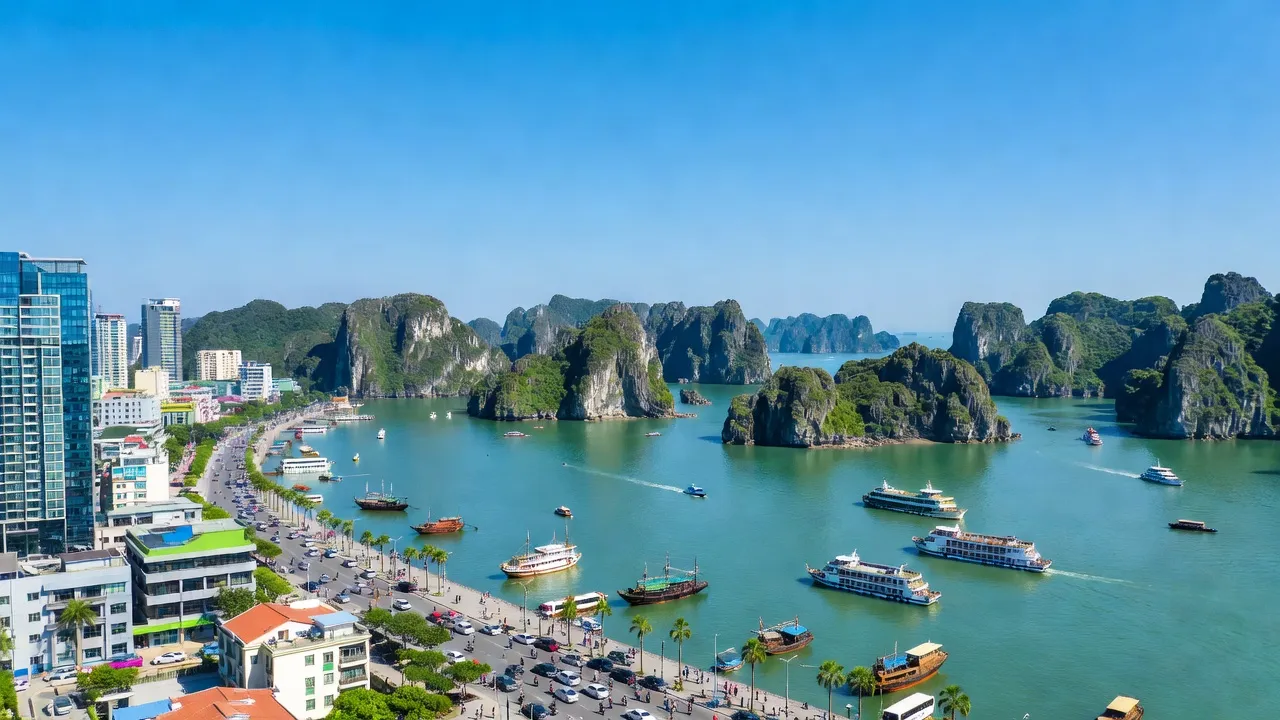 Khung cảnh thành phố Hạ Long, Quảng Ninh với biển, đảo đá và hoạt động du lịch sôi nổi.