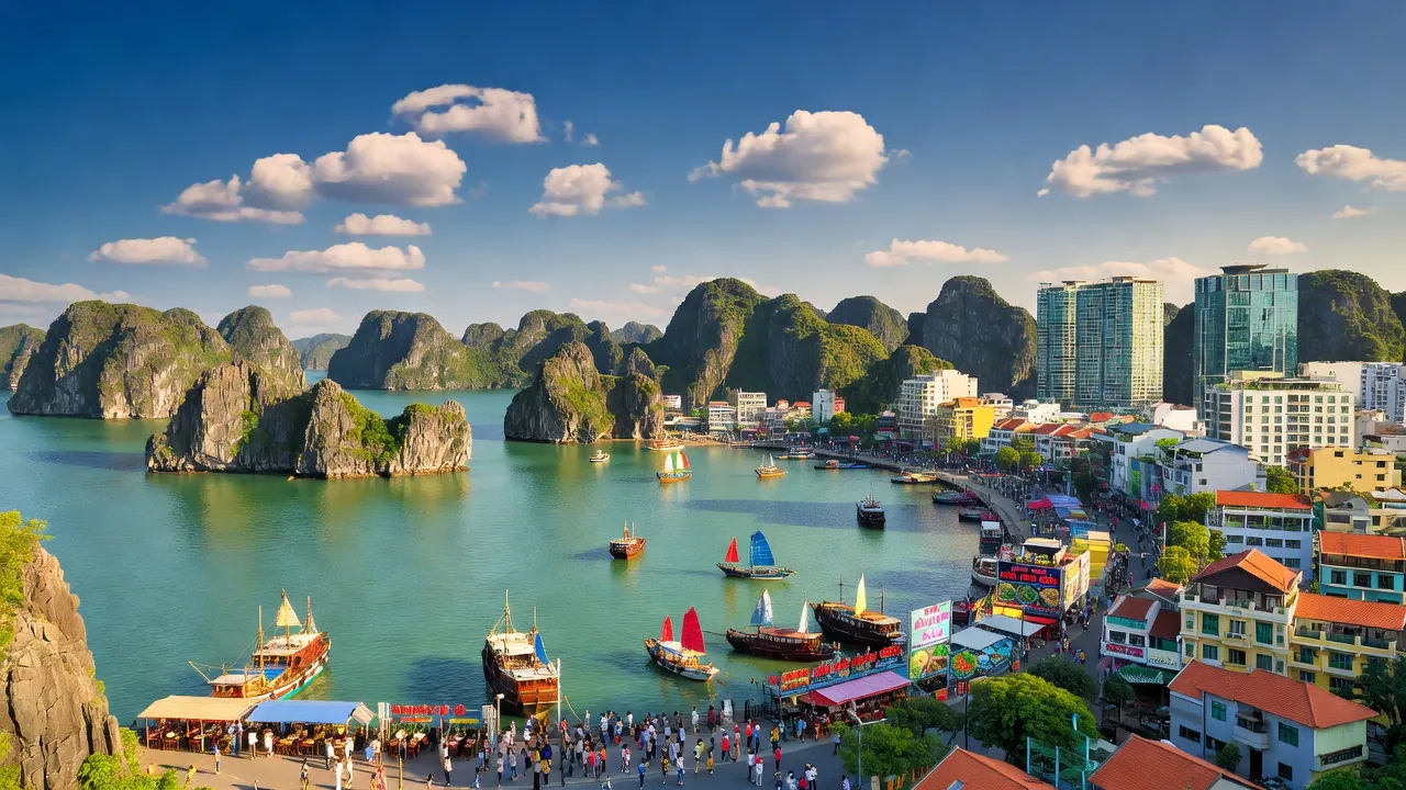 Thành phố Hạ Long với cảnh biển, đảo đá và bầu trời trong xanh, Quảng Ninh, Vietnam.