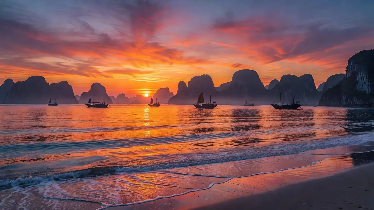 Bãi Cháy beach sunset, Hạ Long city, Quảng Ninh with fishing boats and limestone karsts.