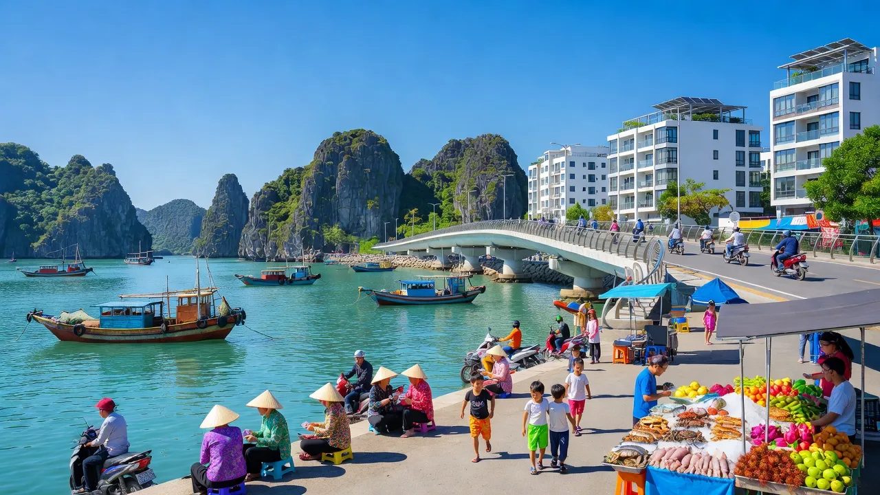 Khung cảnh Phường Hà Khẩu, Hạ Long với bờ biển và cuộc sống địa phương năng động.