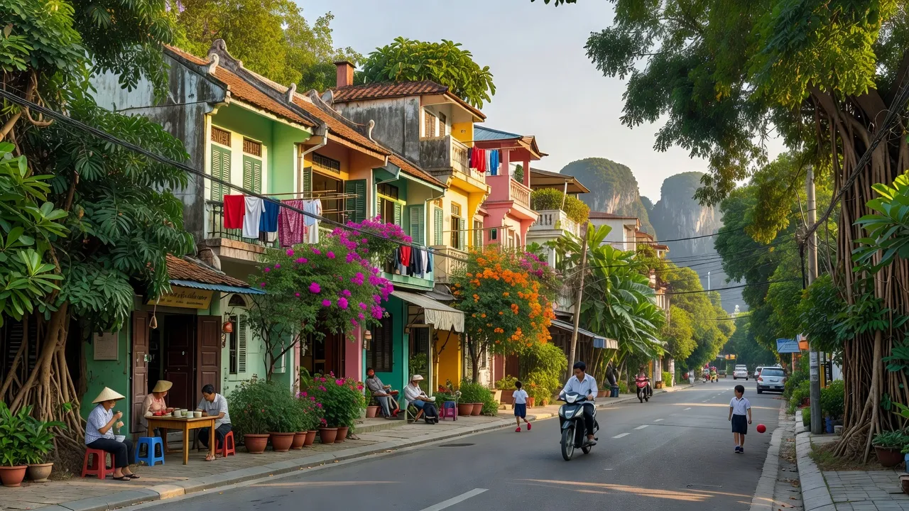 Cảnh quan đường phố Phường Hồng Hà, Hạ Long, Quảng Ninh với kiến trúc địa phương và cây xanh.