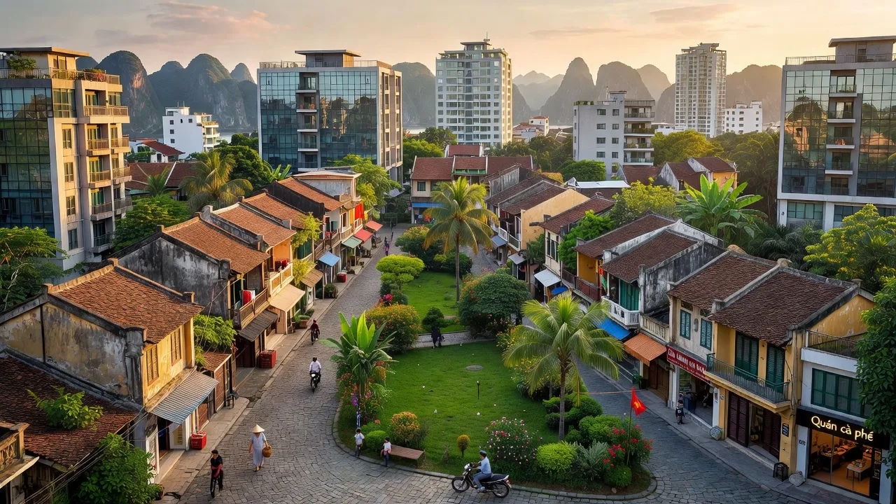 Phường Hồng Hà, Thành phố Hạ Long, với khu phố, cây xanh và không khí đô thị sôi động.