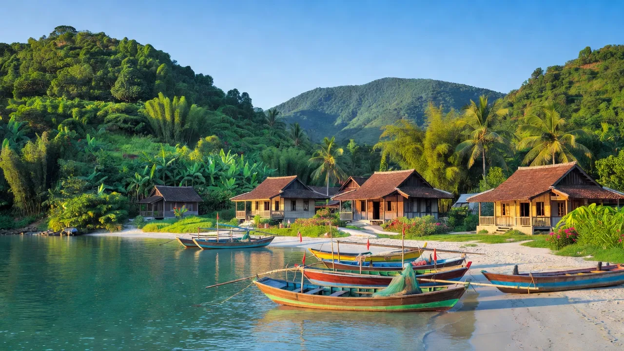 Huyện Hải Hà, Quảng Ninh với cảnh biển yên bình và núi non xanh tươi, thể hiện thiên nhiên đặc sắc.