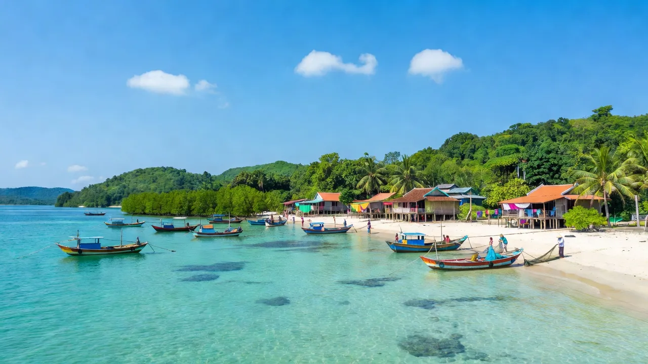 Cảnh quang bình yên ở xã Cái Chiên, Hải Hà, Quảng Ninh với biển, núi và thuyền đánh cá.