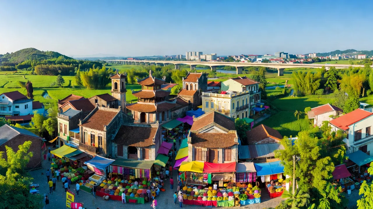 Cảnh thành phố Móng Cái, tỉnh Quảng Ninh, với chợ nhộn nhịp và phong cảnh xanh tươi.