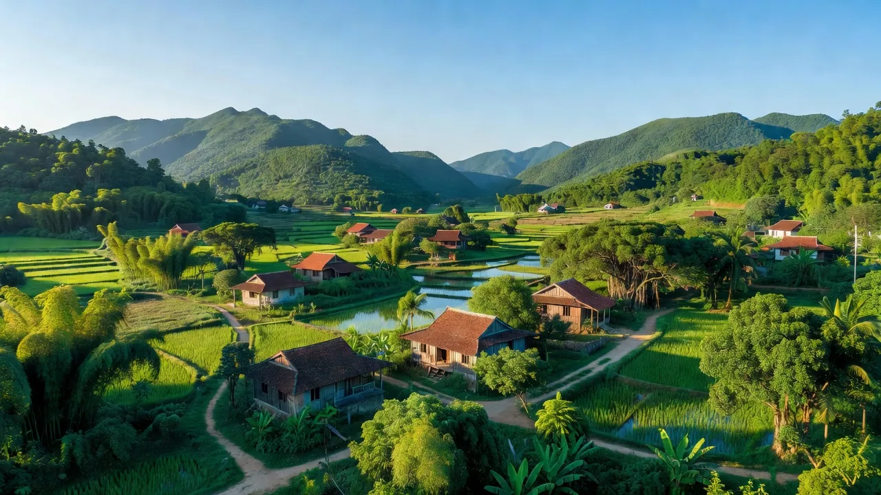Khung cảnh đẹp của xã Hải Sơn, Móng Cái với núi non và những ngôi nhà truyền thống.