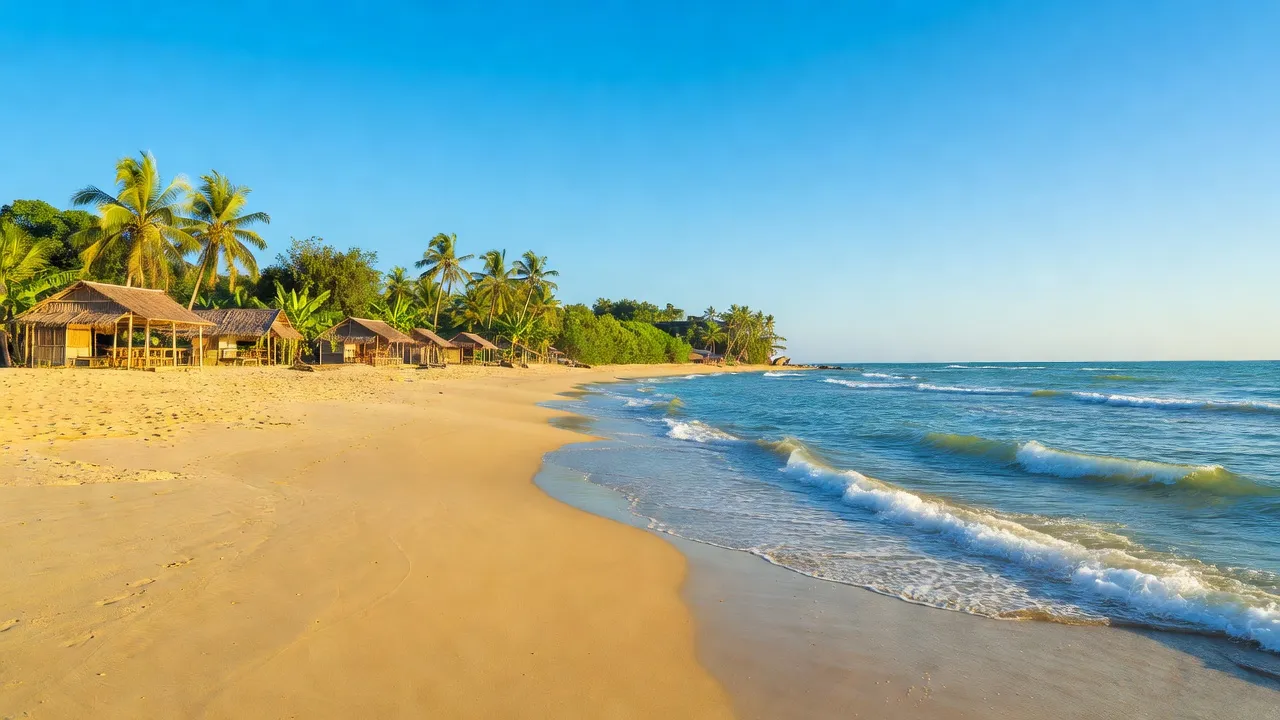 Khung cảnh ven biển tại Phường Trà Cổ, Thành phố Móng Cái, Tỉnh Quảng Ninh, với bãi biển đẹp và cây xanh.