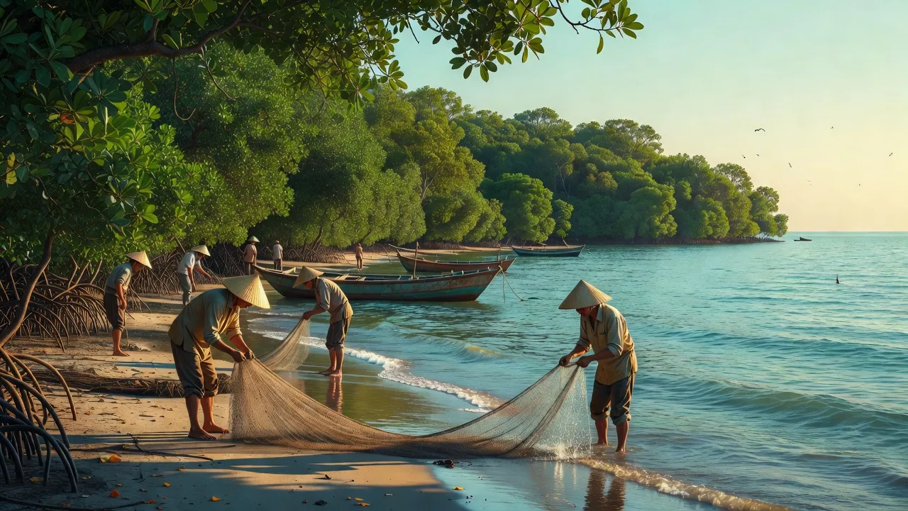 Khung cảnh huyện Tiên Yên, Quảng Ninh với rừng ngập mặn, bờ biển và hoạt động ngư dân.