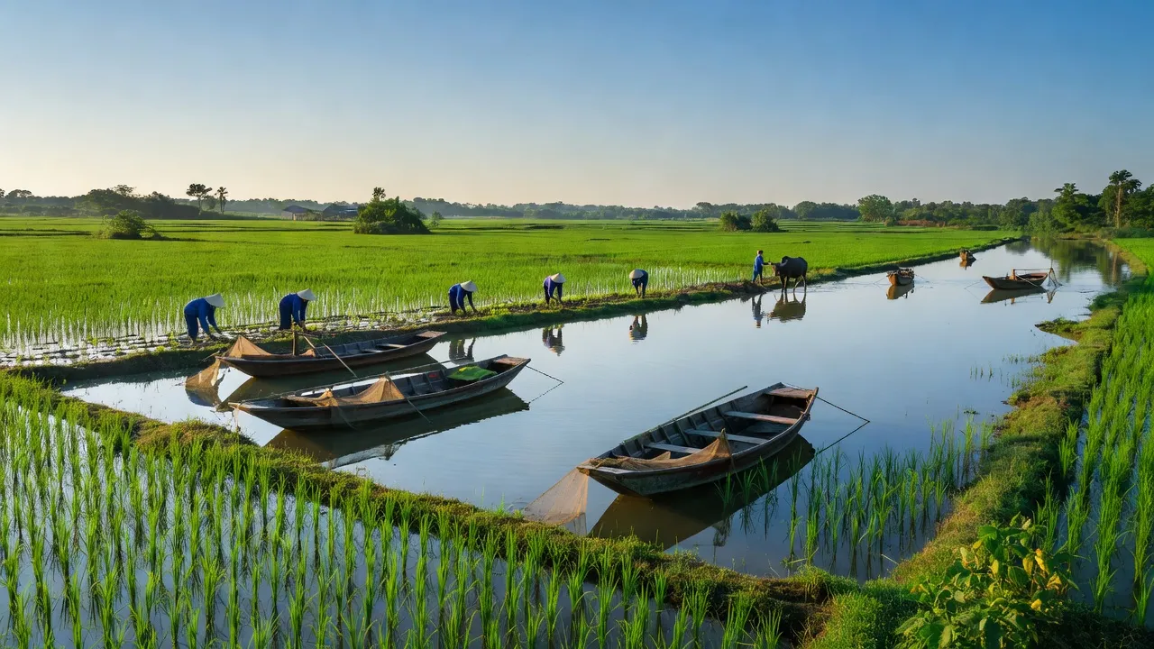 Khung cảnh yên bình ở Xã Đồng Rui, Tiên Yên, Quảng Ninh với đồng xanh và nước cal