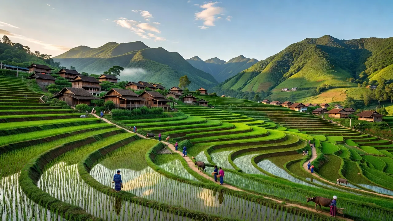 Phong cảnh đẹp của xã Hà Lâu, huyện Tiên Yên, tỉnh Quảng Ninh với nhà truyền thống và ruộng bậc thang.