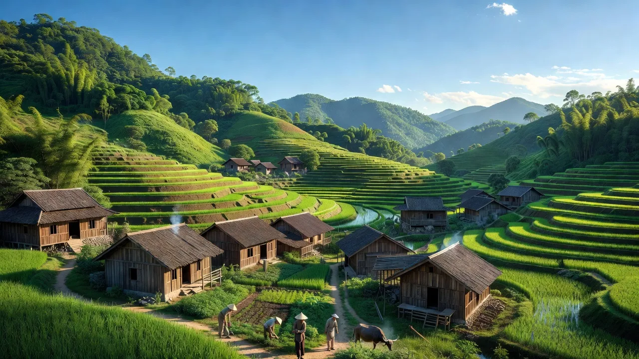 Cảnh đẹp xã Yên Than, huyện Tiên Yên, tỉnh Quảng Ninh với đồi núi và nhà truyền thống.