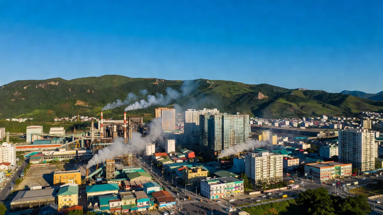 Khung cảnh thành phố Uông Bí, Quảng Ninh với khu vực công nghiệp và thiên nhiên đẹp.