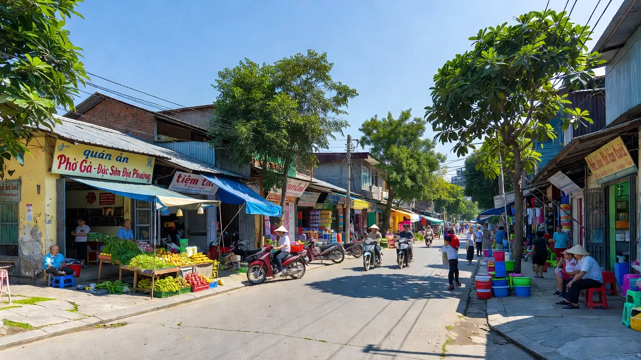 Khung cảnh nhộn nhịp Phường Phương Đông, Uông Bí với cửa hàng địa phương và bầu trời trong xanh.