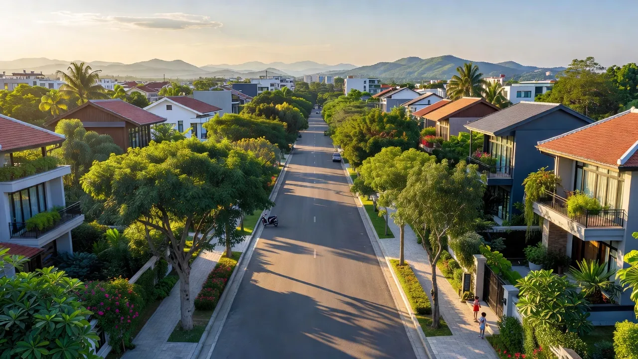 Khung cảnh Phường Phương Đông, Uông Bí, Quảng Ninh với nhà cửa hiện đại và cây xanh.
