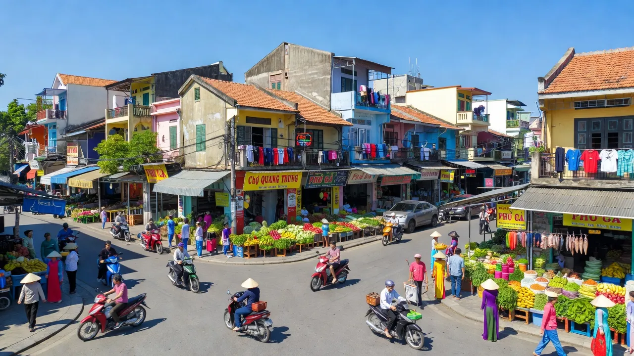 Quang Trung in Uong Bi City, Quang Ninh, showcasing bustling streets and local life.